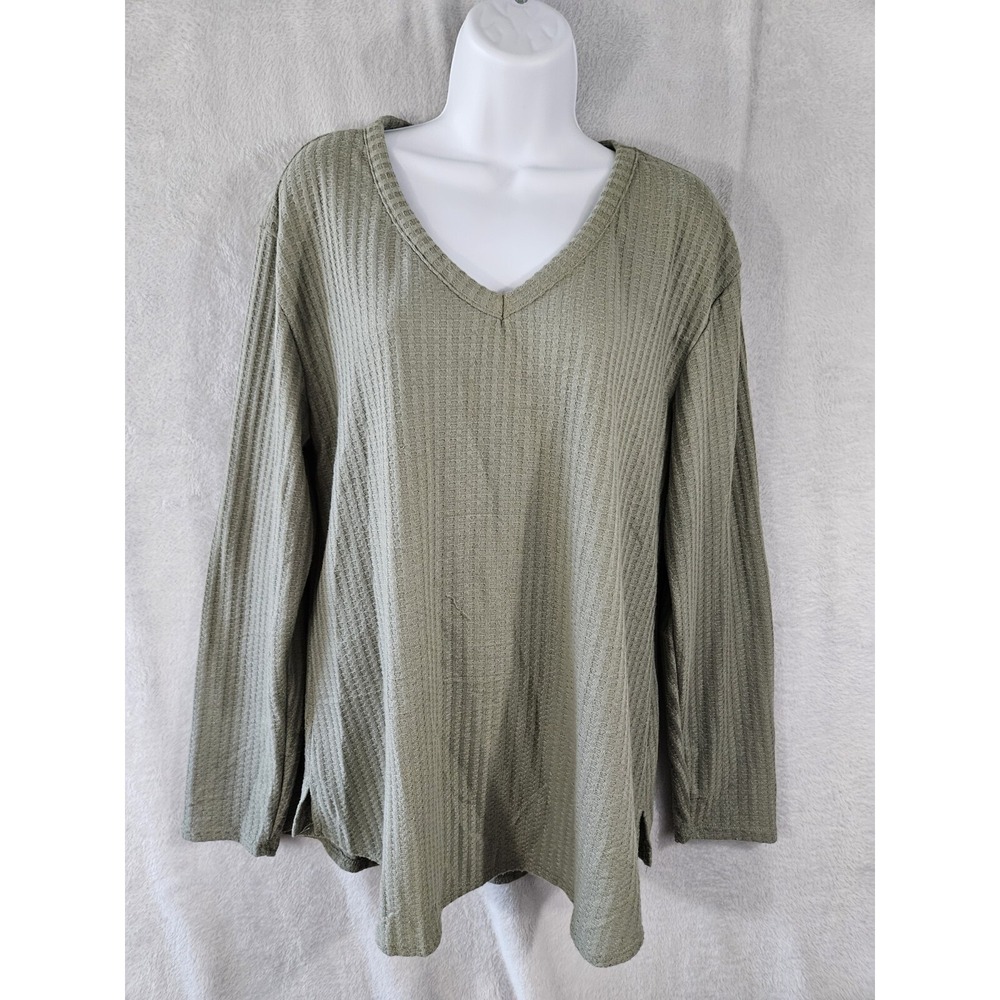 Chaser Womens Long Sleeve Thermal Waffle Knit Top XL Olive Green V-Neck EUC